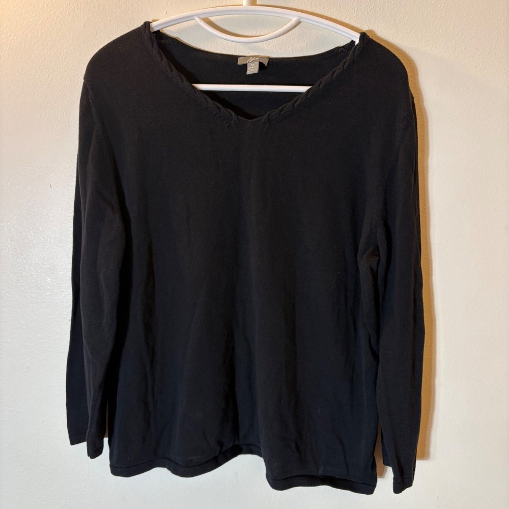 J. Jill Black V-Neck Long Sleeve 100%‎ Cotton Braided Neckline Sweater Size 1X
